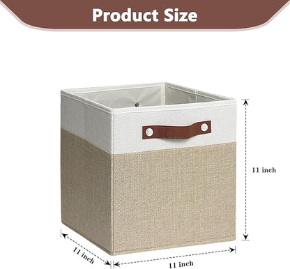 11 inch Open Collapsible Fabric Storage Bins with Vegan Leather Handles, Sturdy Cube Storage Baskets for Shelves, Closet, Nursery, and Home Organization. (White and khaki, (11x11) 4 pack)