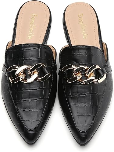 Metal Chain Decor Flat Mules for Women Closed Pointed Toe Slip on Loafers Slides Backless Mules Shoes