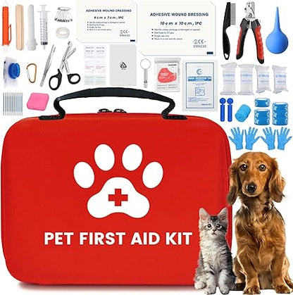 Dog First Aid Kit, Pet First Aid Kit for Dogs and Cats, Home Office Travel Car First Aid Kit Emergency Kit Dog Travel Kit for Hiking, Dog Medical kit Emergency Survival Kit, Red