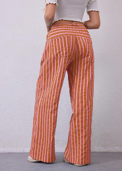 MISSACTIVER Women Drawstring Striped Pants Loose Wide Leg Trousers Casual Low Waist Pants Comfy Lounge Pants with Pockets.