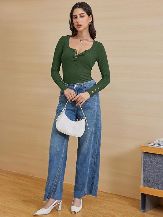 ATHMILE Women's Long Sleeve Shirts Casual Fall Henley Top Button Down Blouses Basic Ribbed Knit T Shirts 2025