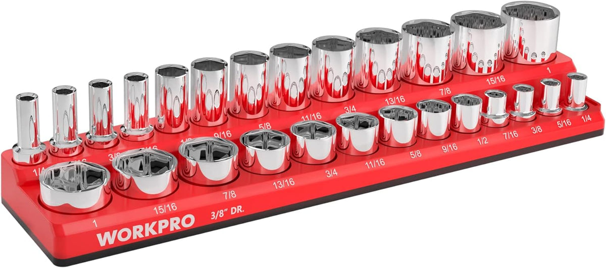 WORKPRO Magnetic Socket Organizer, 3/8-Inch SAE Socket Holder, Socket Trays Holds 26 Pieces Standard Size and Deep Size Sockets(Sockets not Included)