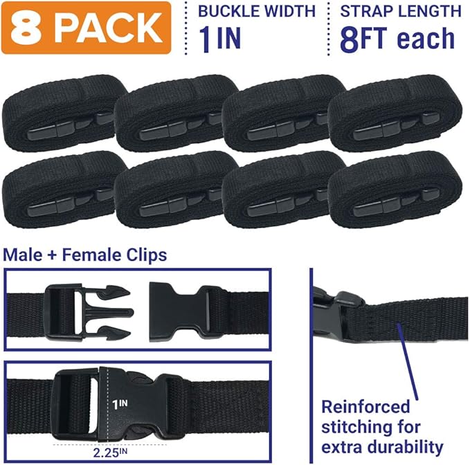 Boat Cover Straps, Adjustable Buckle, 8 Pack, 1" x 96" Nylon Utility Straps with Quick Release Buckles