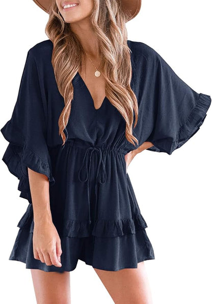 Medium Valphsio Womens V Neck Beach Romper Ruffle Layered Drawstring Waisted Shorts Jumpsuit