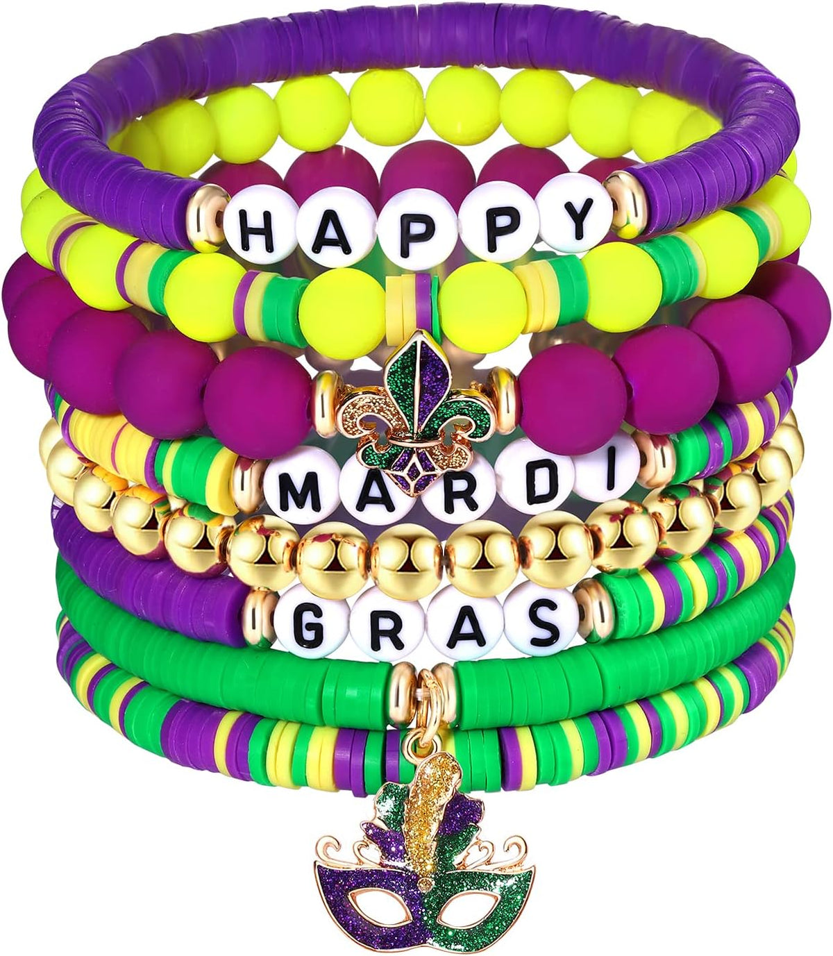 Holiday Beaded Heishi Bracelets Set for Women Valentine Day Mardi Gras Bracelets Jewelry Set for Party Carnival Parade( 7 PC )
