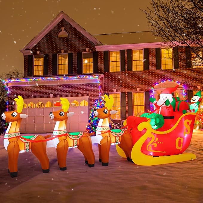 GOOSH 12 Ft Christmas Inflatable Reindeer cart Outdoor Decorations Blow Up Yard Three Deer Pulling a Sleigh and Santa Claus with Built-in LEDs for Indoor Party Garden Lawn Decor