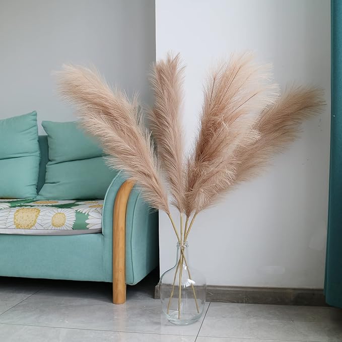 4pcs Faux Pampas Grass Tall 43” / 3.6ft, Non-Shedding Large Artificial Fluffy Reed Fake Flower Feather Arrangement for Floor Vase Filler Boho Farmhouse Home Wedding Decor (Light Brown)