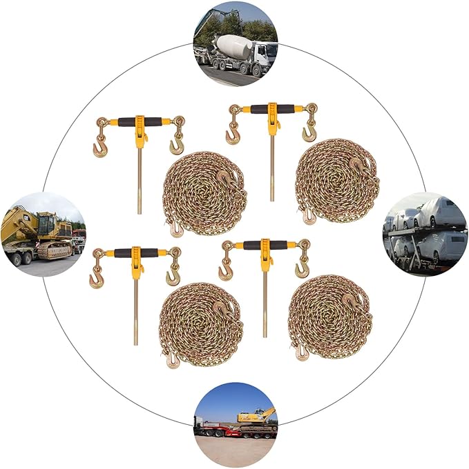 Chain Load Binder, 516" -38" and 516"20ft Tie Down Kit w 3300LBS Working Load Capacity and Two Grab Hooks, Includes (4) Binders and (4) Chains, Transport Load Package for Hauling
