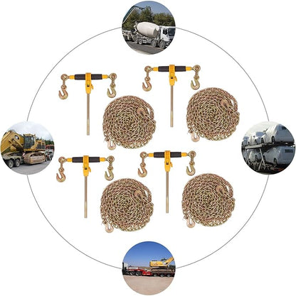 Chain Load Binder, 516" -38" and 516"20ft Tie Down Kit w 3300LBS Working Load Capacity and Two Grab Hooks, Includes (4) Binders and (4) Chains, Transport Load Package for Hauling