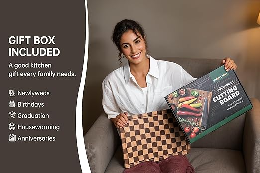Cutting Boards for Kitchen, Design in USA Large Acacia Wood Chopping Board, Checkered Cutting Board with Juice Grooves & Handles, Butcher Block Serving Tray with Gift Box, 17" x 12" x 0.8"