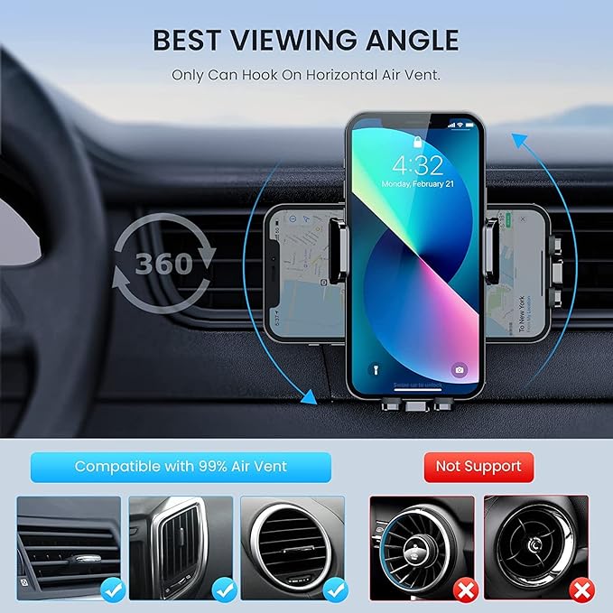 Car Vent Phone Mount for Car Military-Grade Hook Clip Phone Stand for Car Thick Cases Friendly Air Vent Clip Cell Phone Holder for Smartphone, iPhone, Automobile Cradles Universal