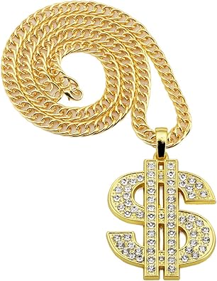 AHIER Gold Necklace Chain with Dollar Sign, 18K Gold Plated Hip Hop Chain Necklace Pendant for Men, 30inch (Rotatable,Lion Head)