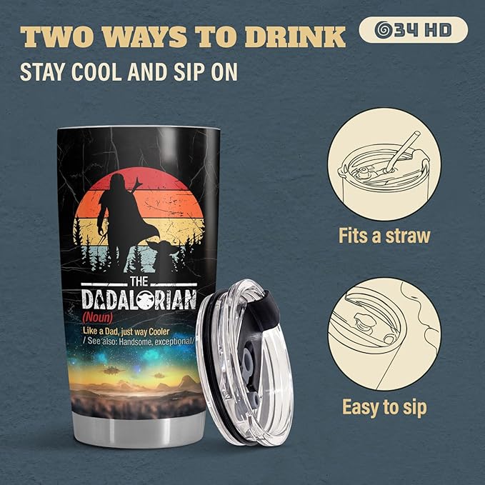 34HD Gifts for Dad, Dadalorian Tumbler with Lid 20 oz Stainless Steel, Father Drinking Cup, Star Dad Merch, Daddy Birthday Gifts from Daughter, Son, Wife