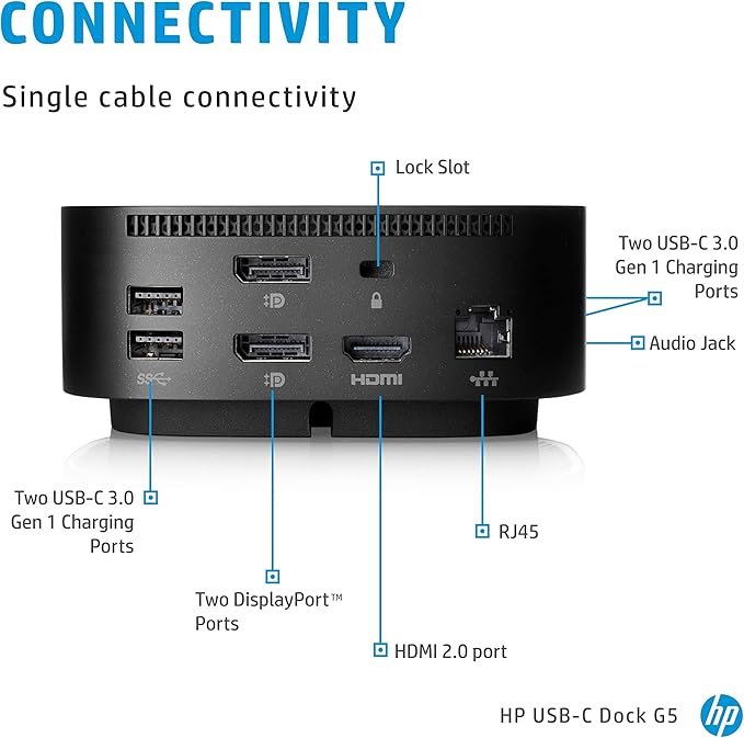 HP USB-C Dock G5-11-in-1 Adapter for Both USB-C and Thunderbolt-Enabled Laptops, PCs,  Notebooks - Single Cable for Charging, Networking, or Data Transfers - Great for Secure  Remote Management