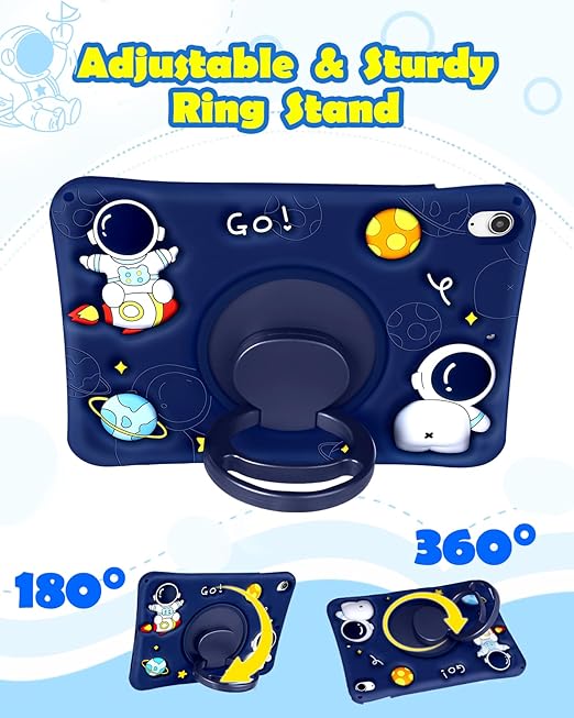 for iPad 10th Generation Case 10.9 Inch Boys Cute Astronaut Cover Kawaii 3D Cartoon Spacemen Cool Funny with Rotating Handle Stand + Strap Soft Silicone Funda for Apple iPad 10th Gen Cases