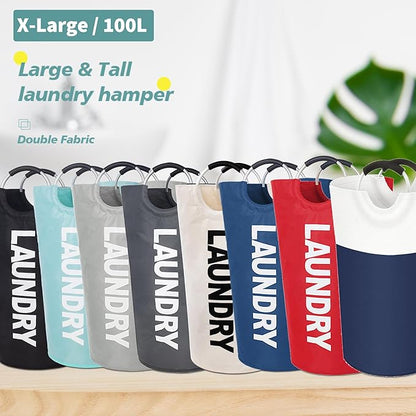 Twira 100L Large Laundry Basket, Laundry Hamper Stands Up Well, Laundry Bag with Padded Handles, Waterproof Clothes Bin Collapsible, Clothes Hamper for Bathroom, Laundry, College (Navy Blue)