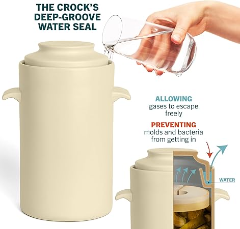 HomeBuddy Ivory Fermentation Crock (1 Gallon) with Weights, Acacia Wood Pounder and Recipie Book - Sauerkraut Fermentation Kit, Onggi Kimchi Jar, Fermenting Crock for Pickling or Sourdough