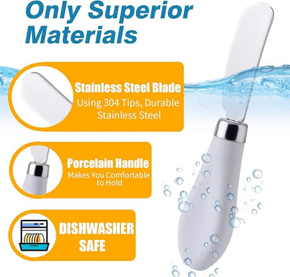 Butter Spreader Knife, Stainless Steel Spreader Knife with White Porcelain Handle for Cutting Butter Cheese and Jam, 1 PC