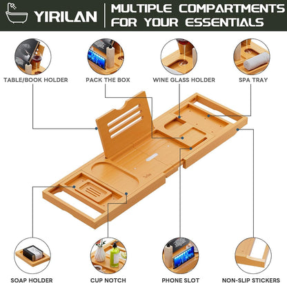 Bamboo Bath Tray, Foldable Premium Bath Caddy, Adjustable Bath Board with Book Rest, Extendable Wooden Tray Bath Shelf – Fits Most Bath Sizes
