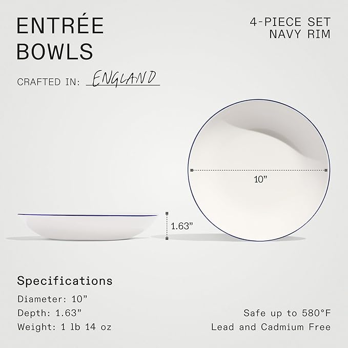 Made In Cookware - Set of 4 - Entree Bowls - White With Navy Rim - Porcelain - Crafted in England