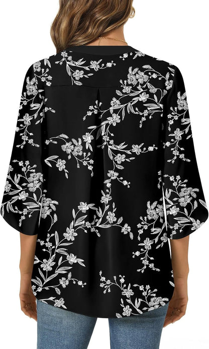 Anyally Women's Chiffon Blouses 3/4 Sleeve Summer Dressy Tunic Tops Casual Loose V Neck T-Shirts