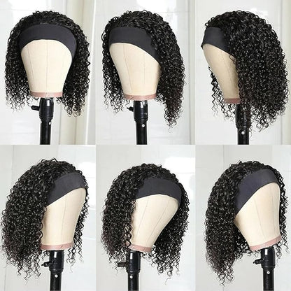 Deep Wave Headband Wig Human Hair 12 Inch Curly Headband Wigs for Black Women Human Hair Glueless None Lace Front Wigs Brazilian Virgin Hair Wig Machine Made 150 Density Natural Black Color