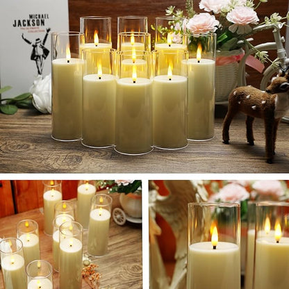 Flickering Flameless Candles Battery Operated with Remote and 2468 H Timer Plexiglass Led Pillar Candles Pack of 9 (D2.2"xH 5"6"7")with Realistic Moving Wick Candles for Home Decor(Ivory)
