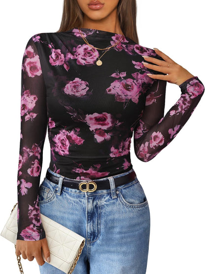ZESICA Floral Long Sleeve Tops for Women 2026 Fall Mesh Mock Neck Ruched Fitted Shirts Going Out Blouses Trendy Clothes