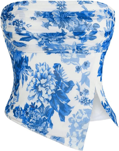 Milumia Women Floral Summer Mesh Ruched Tube Top Y2k Going Out Crop Tops | Strapless Tropical Hawaiian Tank, Vacation Outfits, Beach, Bandeau, Asymmetrical Split Hem