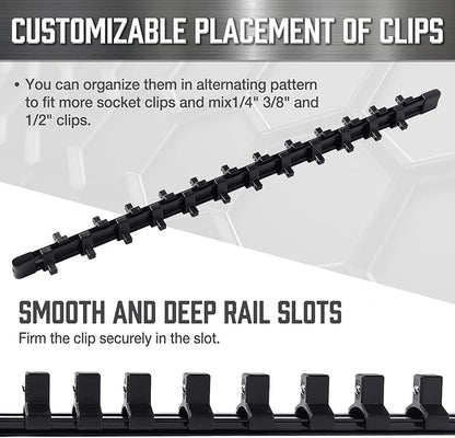 ALOANES 14-Inch Drive Aluminum Alloy Socket Organizer, Heavy Duty Socket Racks, Socket Holder Kit 14-Inch x 24 Clips (Black)