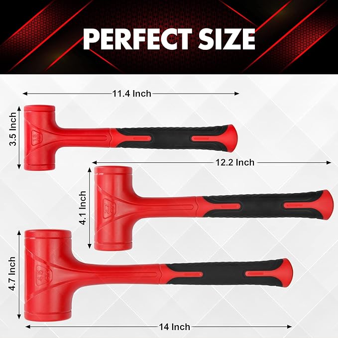 Dead Blow Hammer Set, 3 Piece/16oz(1LB),27oz(1.5LB),45oz(3LB),Red and Black, Shockproof Design, No Rebound Mallet Unibody Molded Checkered Grip Spark and Rebound Resistant (YY-3-013)