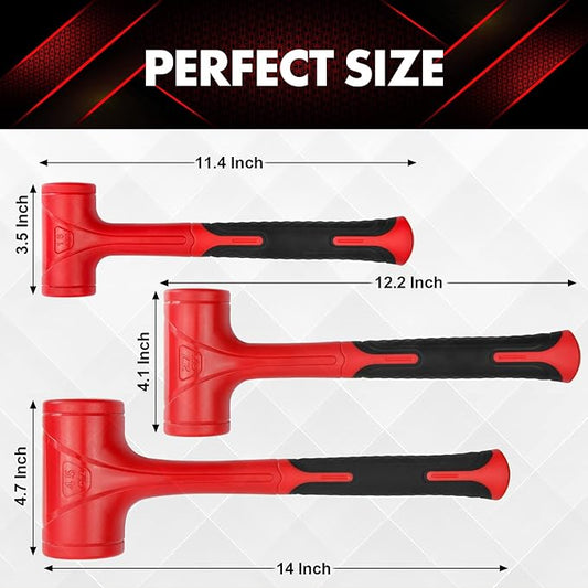 Dead Blow Hammer Set, 3 Piece/16oz(1LB),27oz(1.5LB),45oz(3LB),Red and Black, Shockproof Design, No Rebound Mallet Unibody Molded Checkered Grip Spark and Rebound Resistant (YY-3-013)