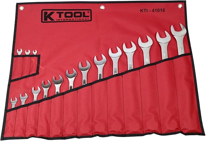 K Tool International 41016 SAE Combination Chrome Wrench Set for Garages, Repair Shops and DIY, 14" to 1-14", Chrome plated, Heat Treated, Drop Forged Steel, Raised Panel, Roll-up Pouch, 16-Piece