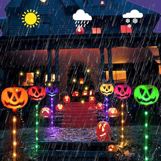 Homeleo Set of 6 Solar Pumpkin Pathway Lights for Halloween Decorations Outdoor, Color Changing Outdoor Halloween Lights, Light up Jack O Lantern Pumpkins for Halloween Party Porch Yard Decorations