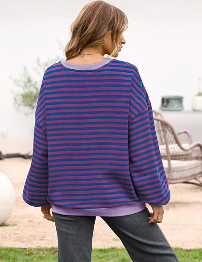 UEU Women Oversized Striped Crewneck Sweatshirt Long Sleeve Color Block Pullover Tops Casual Loose Workout Shirt