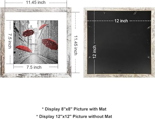 12x12 Frame Matted to Display 8x8 Photos with Mat or 12 x 12 Pictures Without Mat Rustic Photo Frames Wall Art for Living Room Wall Mounting