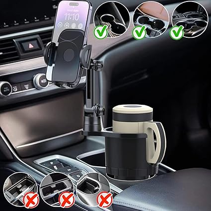 2 in 1 Large Cup Phone Holder Cupholder Extender for Car with Expandable Base, Cup Holder Expander for 18-40oz Drink Bottles, Mug and Phone Holder with 360 Adjustable Arm Fits All Smartphone