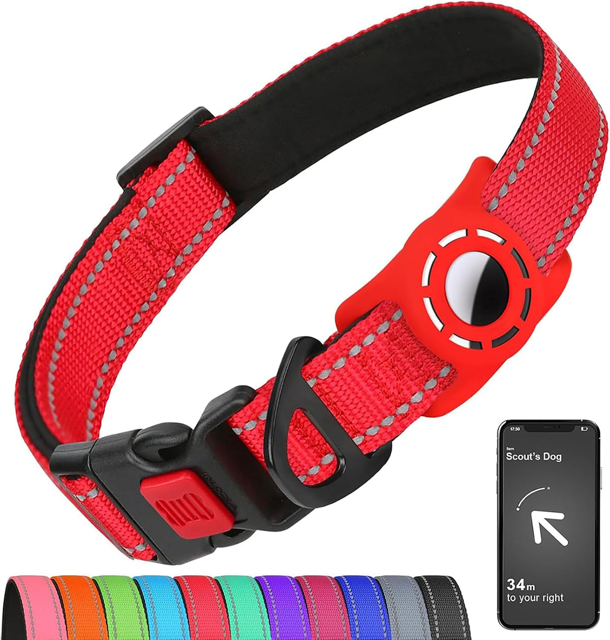 AirTag Dog Collar with AirTag Holder Compatible for Air Tag, Reflective Soft Padded, Safety Locking Buckle, Adjustable Nylon for Small Medium Large Dogs (Red,S) not airtag included