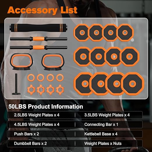 DERACY Adjustable Dumbbells 6 in 1 Weight Set, Dumbbell, Barbell, Kettlebell and Push-up, Home Gym Fitness Workout Equipment for Men and Women