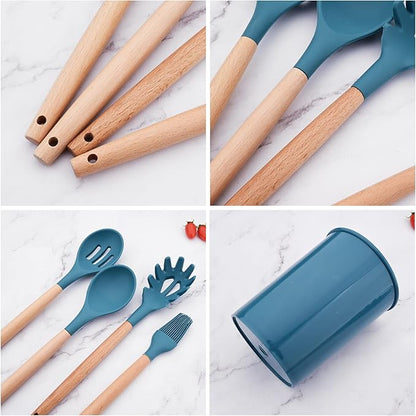 1pc Blue Silicone Spoon Spatula Set with Wooden Handle, Heat Resistant Rubber Scraper, Non-stick Ideal Cookware for Cooking, Baking and Mixing.