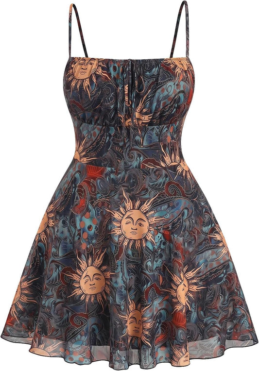 The Color is Orange Floral NOT The color On The Link, WDIRARA Women's Plus Size Cherry Print Tie Front Ruffle Hem A Line Cami Dress