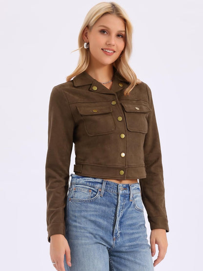 Allegra K Women's Faux Suede Jacket Button Down Collar Pockets Crop Moto Biker Coat