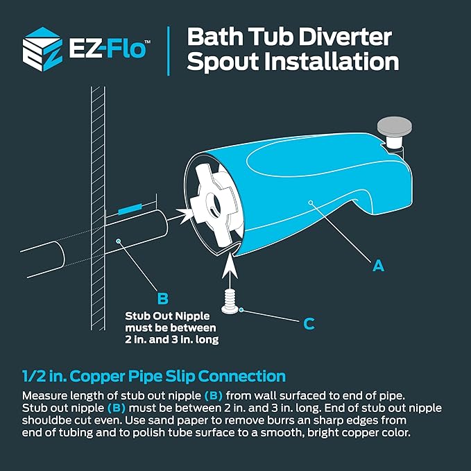 EZ-FLO 5-38 Inch Slide-On Zinc Bath Tub Diverter Spout with Hex Wrench and Set Screw, 12-inch Copper Pipe, Chrome, 15089
