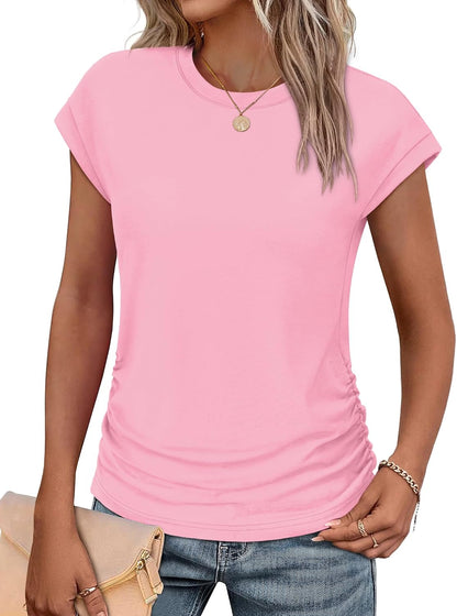 SAMPEEL Womens Summer Tops Trendy 2025 Ruched Cap Short Sleeve Tshirts Shirts Crew Neck T Shirts Fashion