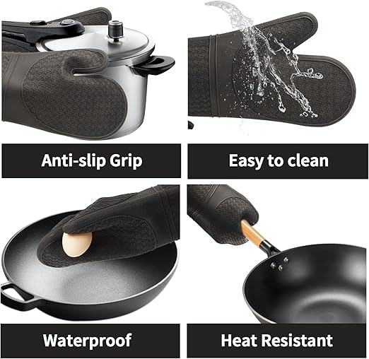 Hovico Silicone Oven Mitts, Oven Gloves with Non-Slip Waterproof - 2PCS Black Oven Mittens Heat Resistant 600 Degree, Soft Lining Silicone Oven Mits for Cooking Baking Kitchen Mitten