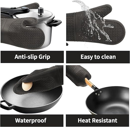 Hovico Silicone Oven Mitts, Oven Gloves with Non-Slip Waterproof - 2PCS Black Oven Mittens Heat Resistant 600 Degree, Soft Lining Silicone Oven Mits for Cooking Baking Kitchen Mitten