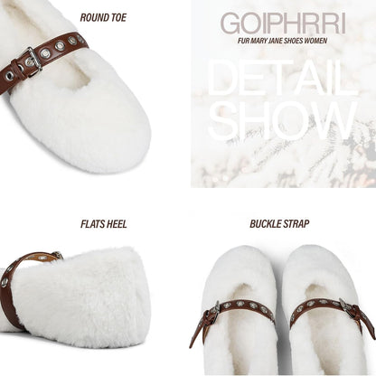 Goiphrri Fur Mary Jane Shoes Women Comfortable Ballet Flats Shoes Round Toe Casual Cute Mary Janes Womens Ballerina Flats with Buckle Strap.