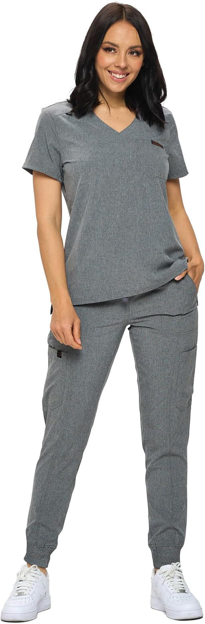 MONARCH UNIFORMS Slim Fit Stretchy Scrubs Women's Jogger Scrub Set Slim Jogger Scrubs with Tuck-In Top for Women