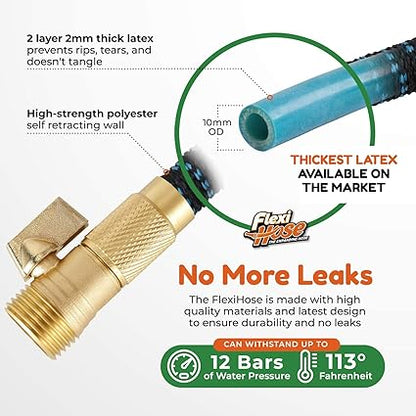 Flexi Hose with 8 Function Nozzle Expandable Garden Hose, Lightweight  No-Kink Flexible Garden Hose, 34 inch Solid Brass Fittings and Double Latex Core, 25 ft Blue Black