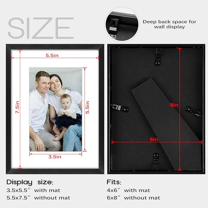Frametory, 6x8 Aluminum Frames with Mats for 4x6 PicturesPhotos - Real Glass- PortraitLandscape - Horizontal and Vertical Formats for Wall and Table Mounting (Black, 2 Pack)